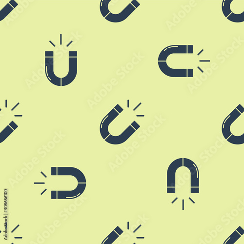 Blue Magnet icon isolated seamless pattern on yellow background. Horseshoe magnet, magnetism, magnetize, attraction. Vector Illustration
