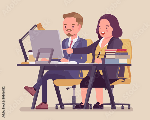 Woman coaching and mentoring a young male employee. Office positive work environment, support and encouragement to develop skills, effective mentee relationship. Vector flat style cartoon illustration