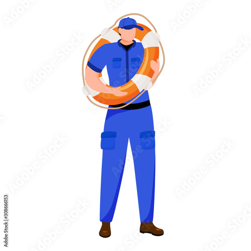 Coast guard flat vector illustration. Maritime security. Safety equipment. Marine lifeguard isolated cartoon character on white background