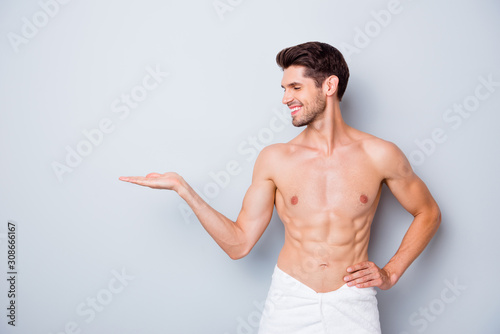 Obraz na plátně Profile side of handsome macho man like skincare spa salon man treatment wash bo