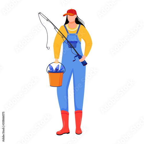 Fisherwoman flat vector illustration. Sport, active leisure. Fisher with fishing rod and bucket isolated cartoon character on white background