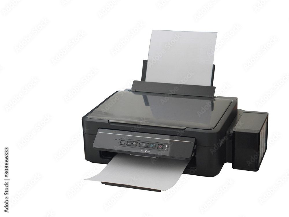 Di cut old black printer on white background,technology, copy space Di cut old black printer on white background,technology, copy space