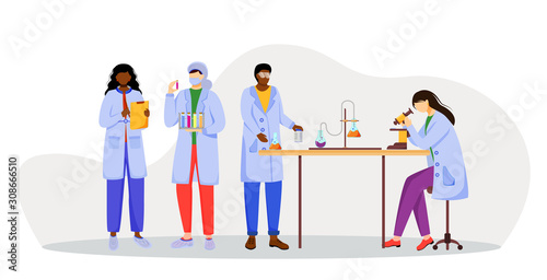 Scientists in lab coats flat vector illustration. Studying medicine, chemistry. Conducting experiment. Chemists with test tubes, microscope isolated cartoon characters on white background