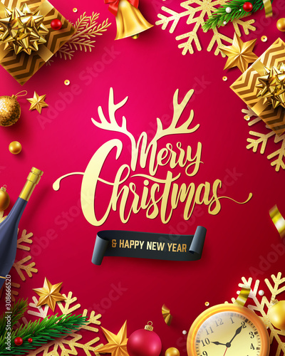 Merry Christmas & Happy New Year Promotion Poster or banner with golden gift box and christmas decoration elements in red and gold style.Promotion and shopping template for New Year.Vector EPS10