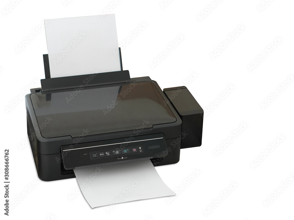 top view Di cut Black white paper on black printer on white background,technology, object, copy space top view Di cut Black white paper on black printer on white background,technology, object, copy space
