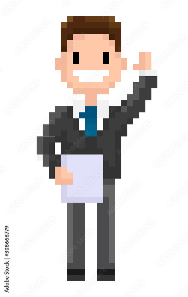 Man wearing formal clothes vector, pixel character isolated flat style man holding document and waving cheerfully, personage of 8 bit game, office worker
