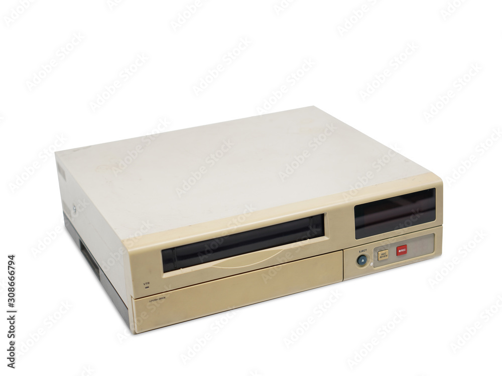 Obraz premium Top view old cream video tape player on white background, object,technology, copy space