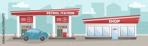 Vector illustration of a car filling station with a shop. Cars at the petrol station