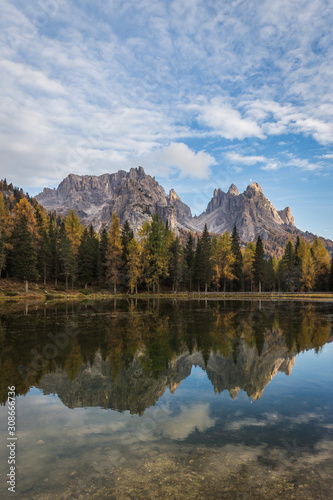 Beautiful sunset landscapes in Lake Antorno  Lago d Antorno   autumn landscapes in Dolomites  Italy