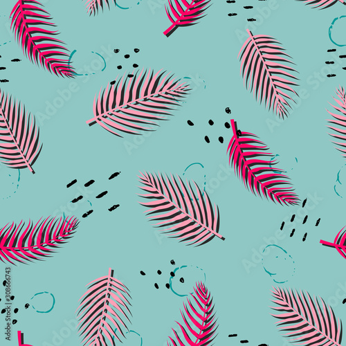 Seamless pattern with tropical leaves and hand-drawn blotches and marker strokes.