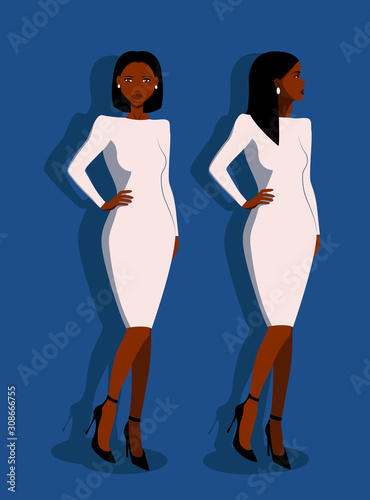 African-American businesswoman. A self-sufficient strong African American woman in a white dress and shoes. Pantone 2020 Background