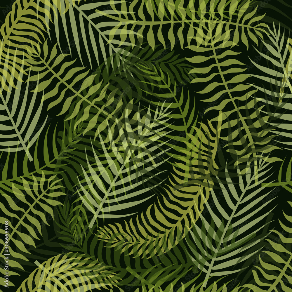 Seamless pattern with green tropical leaves on the dark background.