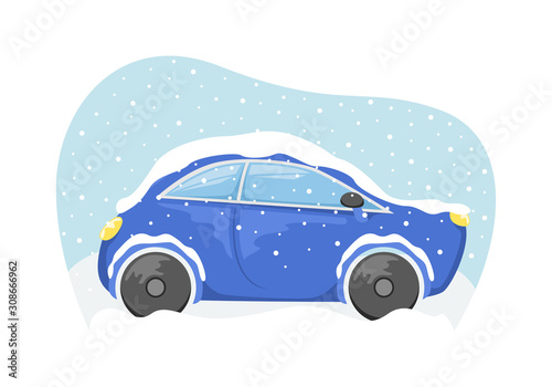 The car got stuck during a snowfall in a snowdrift. Flat vector illustration.