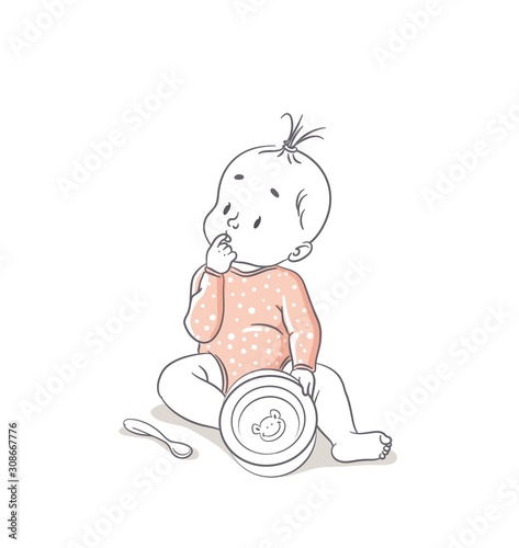 Cute little baby girl sitting on floor with her empty plate and looking thoughtful. Vector cartoon illustration
