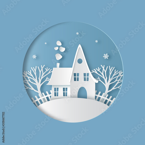 Cartoon house with snowy roof, chimney and smoke. Merry Christmas or Happy New Year card. Winter landscape. Paper art digital craft style. Vector illustration