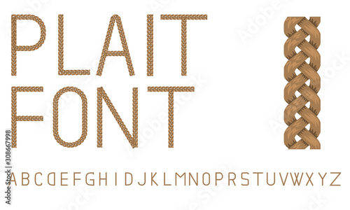 Braids font. Alphabet made from hairstyle plaits. Braided hair font letters. Vector illustration.