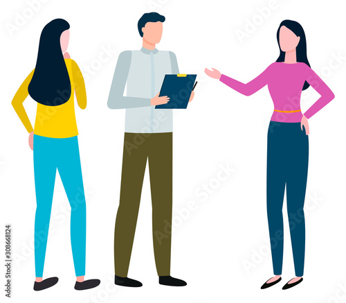 Coworkers talking on business issues. Isolated characters wearing formal clothes. Man holding clipboard and listening to women. Discussion of personages. Chief and assistants vector in flat style