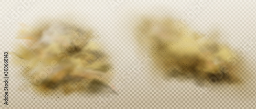 Dust clouds set. Dirty brown smoke, heavy thick smog with motes sand and soil particles isolated on transparent background. Air pollution vapor design element Realistic 3d vector illustration clip art