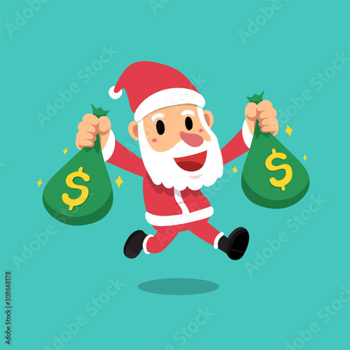 Merry Christmas vector cartoon santa claus holding money bags for design.