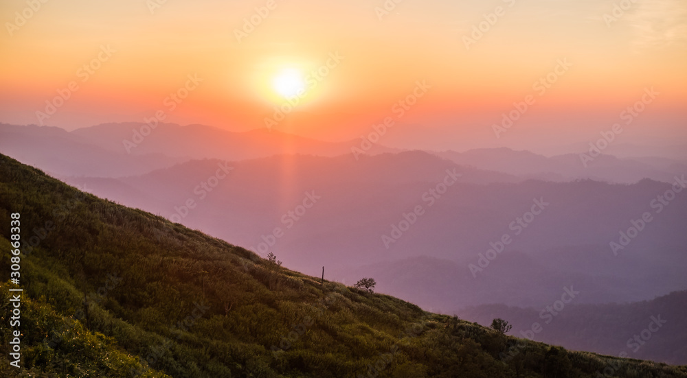The sun rises and the sun sets at Pilok sub-district, Kanchanaburi province, Thailand.