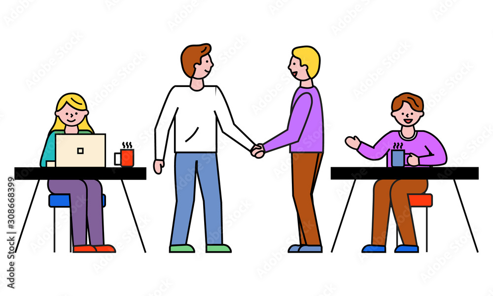 Business consulting of man and woman communication with computer. Men colleagues shaking hands, people discussion work in office. Outline of employees and professional development on workplace vector