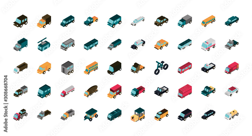 transport car truck vehicles isometric icons set