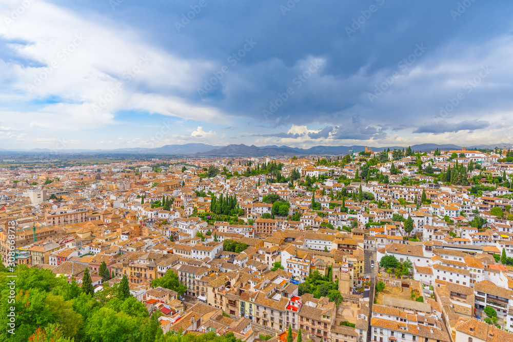 Alhambra. A views of the old city and the mountains from the observation deck of Alcazaba. Granada, Andalusia, Spain