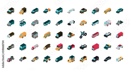 Fototapeta Naklejka Na Ścianę i Meble -  transport car truck vehicles isometric icons set