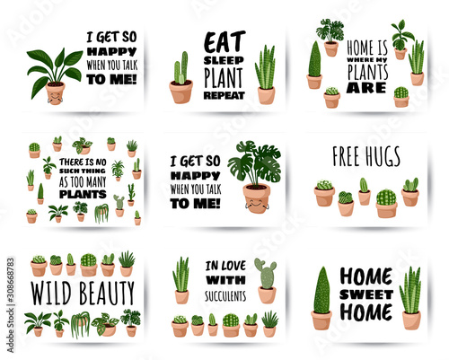 Hygge collection of postcards. Set of potted succulent plants flyers. Cozy lagom scandinavian style posters photo