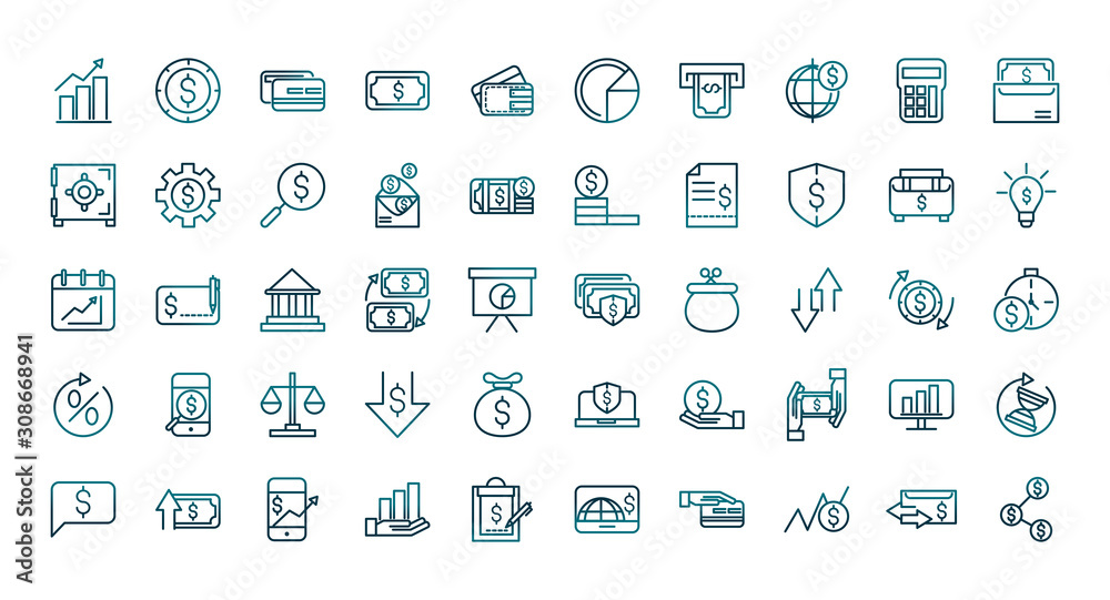 economy business financial trade money icons set gradient line - obrazy, fototapety, plakaty 