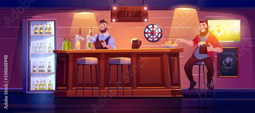 Man in beer bar. Visitor at pub sit on stool at wooden desk eating chips, barman pouring drink from tap to glass, menu board, darts tv with football match and muffled light Cartoon vector illustration