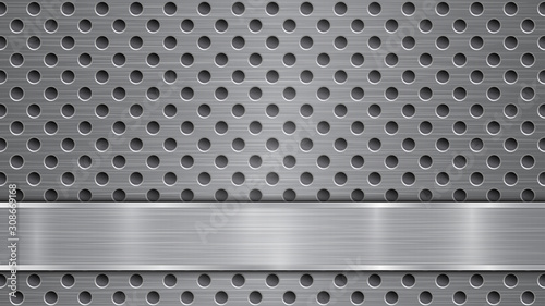 Background in gray colors, consisting of a metallic perforated surface with holes and a polished plate with metal texture, glares and shiny edges