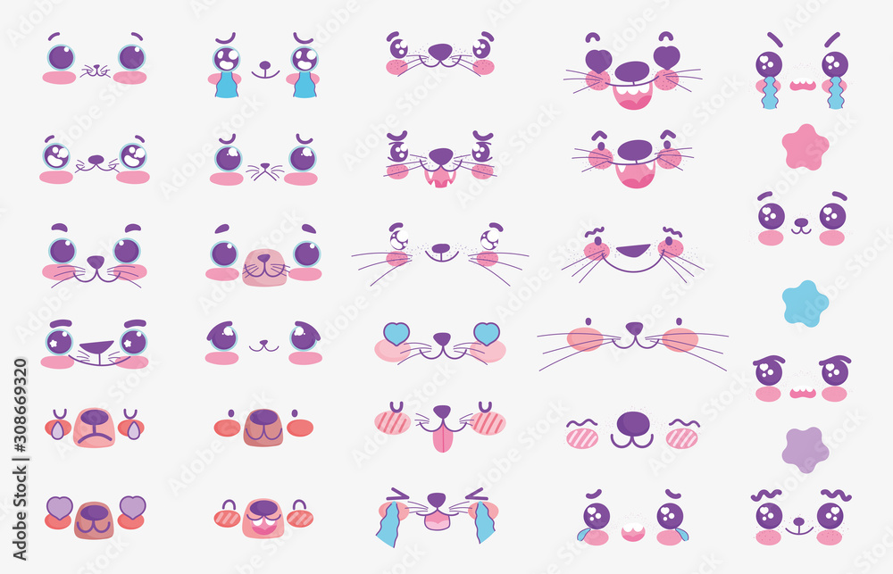 emojis kawaii cartoon comic animals faces set