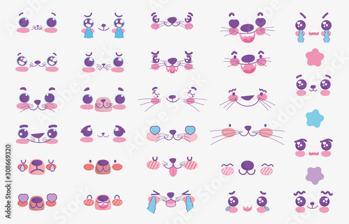 emojis kawaii cartoon comic animals faces set