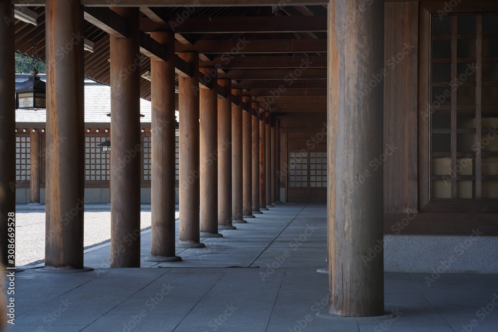 Japanese temple wooden pillars corridor 