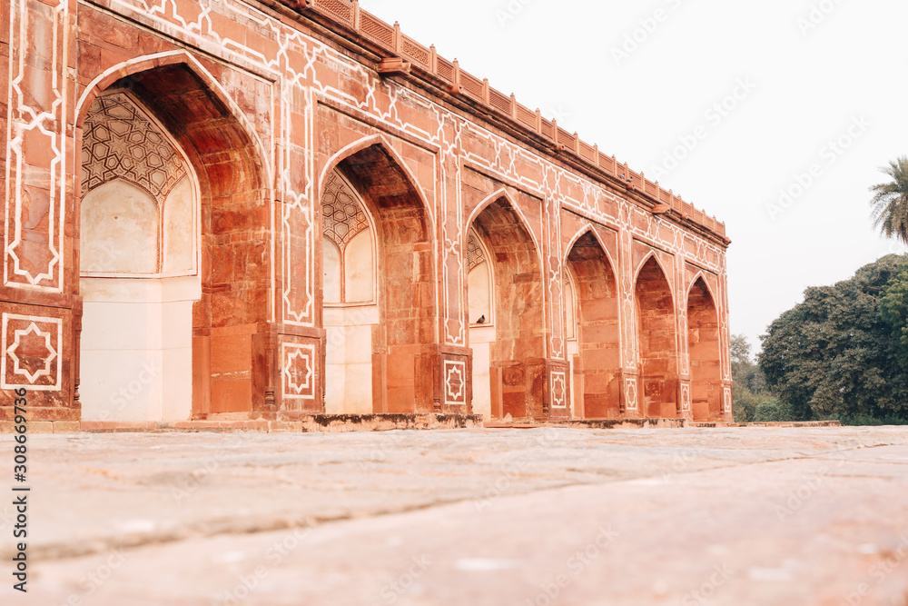 Stonework architecture of walls and doorways of Humayan's Tomb in New Delhi India