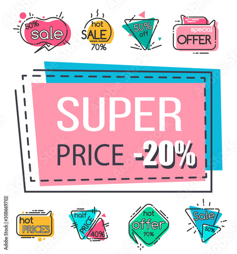 Set of promo banners for announcement of clearance of special season discounts. Proposition of store or shops. Exclusive offers a market. Super price 20 percent off cost, vector in flat style