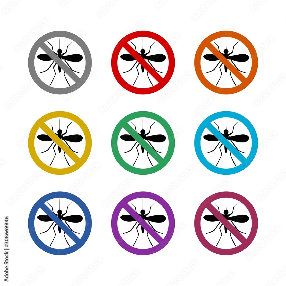 No mosquito sign. Stop mosquito sign color set isolated on white background