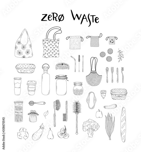 Recyclable products and accessories, kitchen items linear icons set