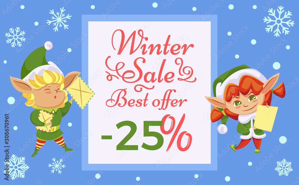Fototapeta premium Winter sale, best offer on presents. Little characters in green elf costume prepare gifts for children. Promotion poster with designed caption and christmas elves. Vector illustration in flat style