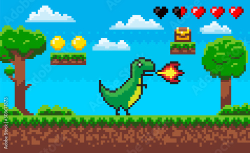 Pixel game character vector, treasure and clouds icons of life hearts. Dinosaur with flames from mouth, nature trees wooden casket with money scores