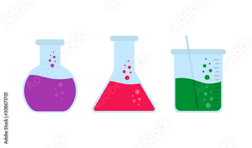 chemistry flask set in flat style, vector