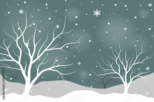 White tree forest background and snowing for winter season concept.Hand drawn isolated illustrations.