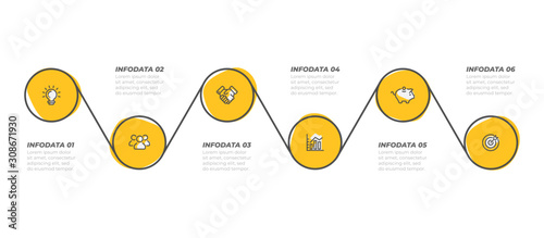 Vector linear infographics for business process step. Timeline with 6 options. Can be used for workflow diagram, info chart, web design.