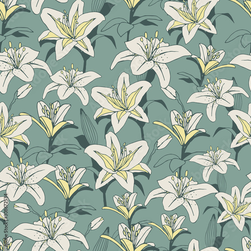 Vector repeat pattern with romantic lilies on light green background. Hand-drawn style. One of  Lovely Lilium  collection patterns.