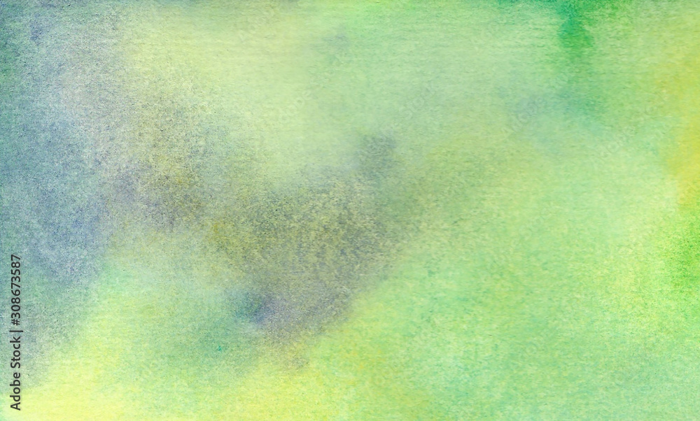 Watercolor background in green, yellow and blue gray colors. Raster abstract illustration. Hand drawn gradient painting