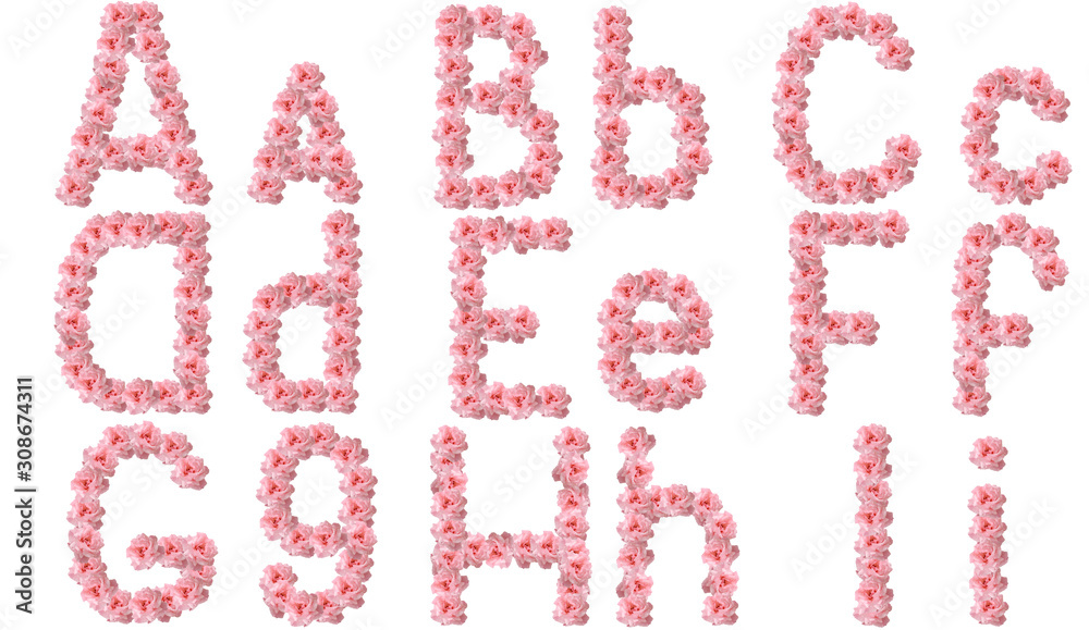 English alphabet from flowers of pink roses, letter A,B,C,D,E,F,G,H,I English alphabet from flowers of pink roses, letter A,B,C,D,E,F,G,H,I