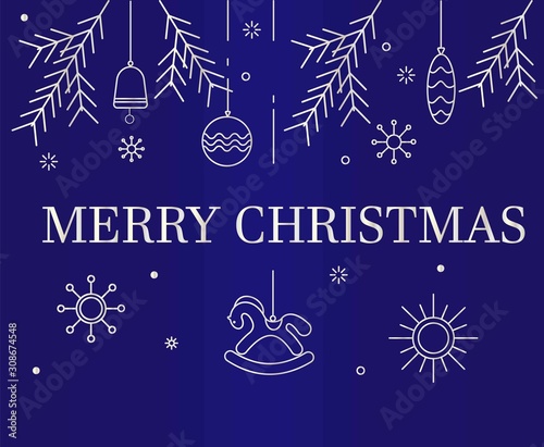Christmas blue card with silver Christmas decorations   Holiday New Year and Merry Christmas Background  vector image