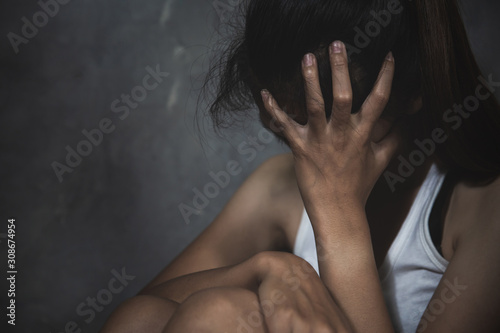 soft focus. young woman sad and fear stressful depressed emotional. stop abusing violence in women,person with health anxiety. Suicidal thoughts.