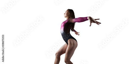 Female gymnast isolated on white.